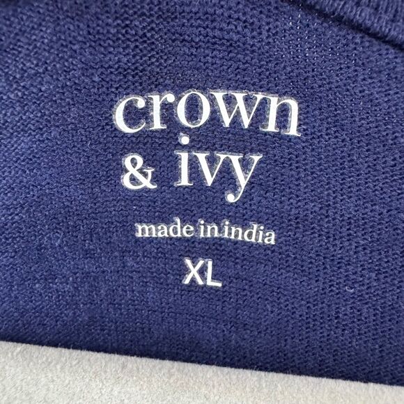 Crown & Ivy Top Womens XL Blue Navy Crew Neck Long Sleeves Smoked Elastic Cuff - Picture 2 of 13